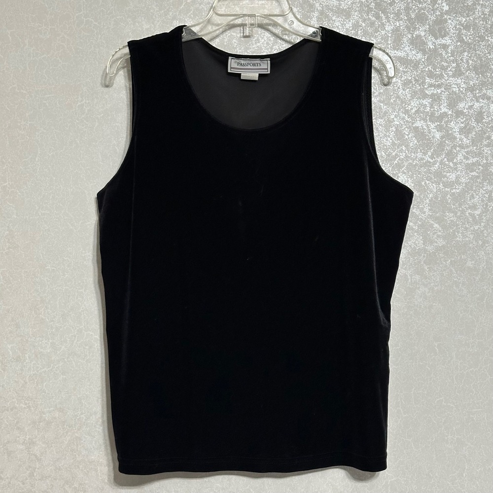 Passports Sleeveless Scoop Neck Stretch Velvet Tank Top Black Minimalist Y2K L